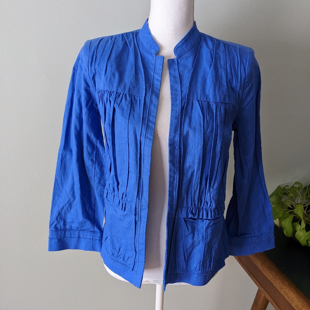 NEW CHICO'S 0 Women's Small Puckered Linen Blend Jacket Amparo Blue 3/4 Sleeve